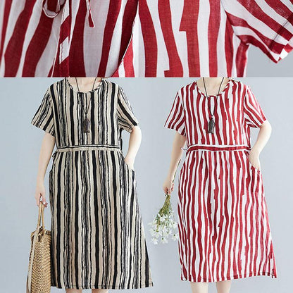 Handmade Red Striped Clothes O Neck Drawstring Art Summer Dress
