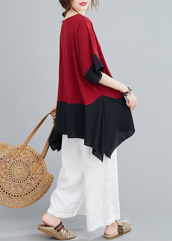 Handmade Red Tops O Neck Patchwork Summer Shirts