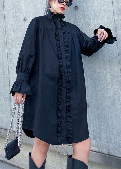 Handmade Stand Collar Ruffles Cotton Dresses Sewing Black Dress
