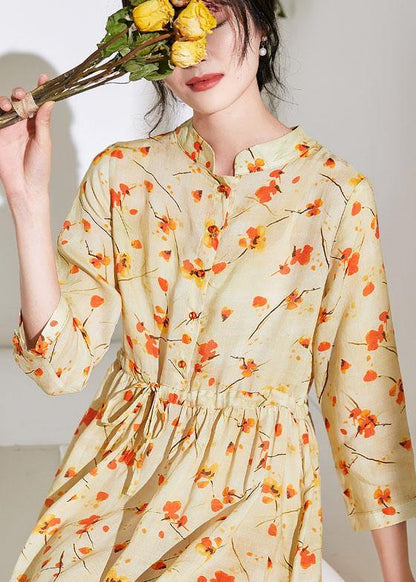 Handmade Stand Collar Drawstring Linen Dress Ideas Yellow Print Dress