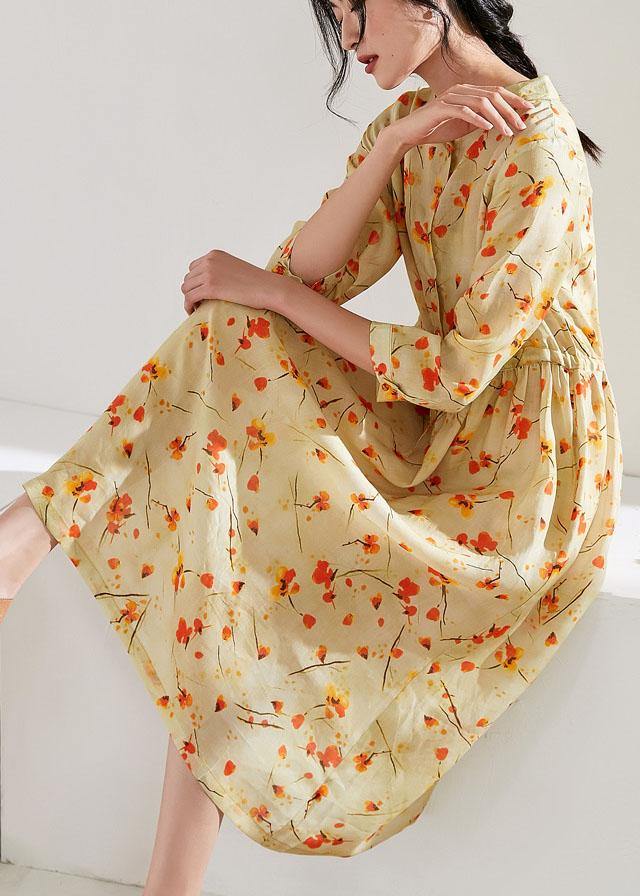Handmade Stand Collar Drawstring Linen Dress Ideas Yellow Print Dress