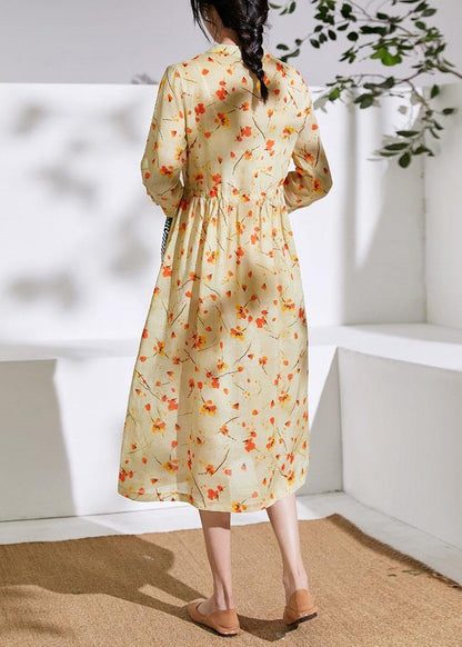 Handmade Stand Collar Drawstring Linen Dress Ideas Yellow Print Dress