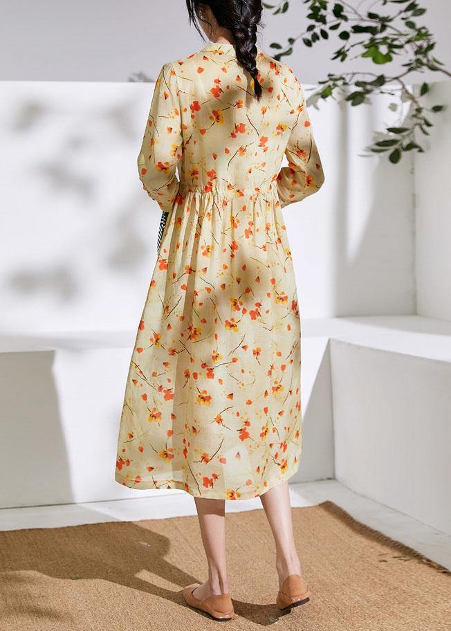 Handmade Stand Collar Drawstring Linen Dress Ideas Yellow Print Dress