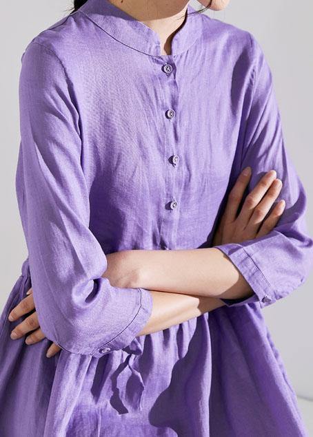 Handmade Stand Collar Drawstring Linen Summer Wardrobes Runway Purple Dress