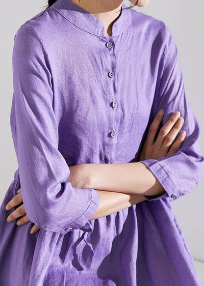 Handmade Stand Collar Drawstring Linen Summer Wardrobes Runway Purple Dress