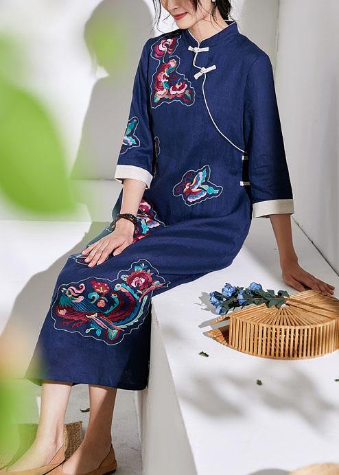 Handmade Stand Collar Embroideried Fabric Linen Summer Dresses Blue Dresses