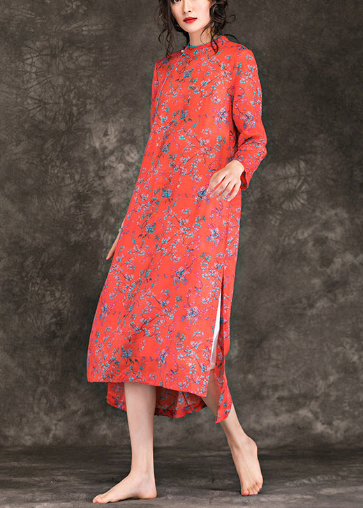 Handmade Stand Collar Side Open Linen Clothes Ideas Red Print Dress Summer