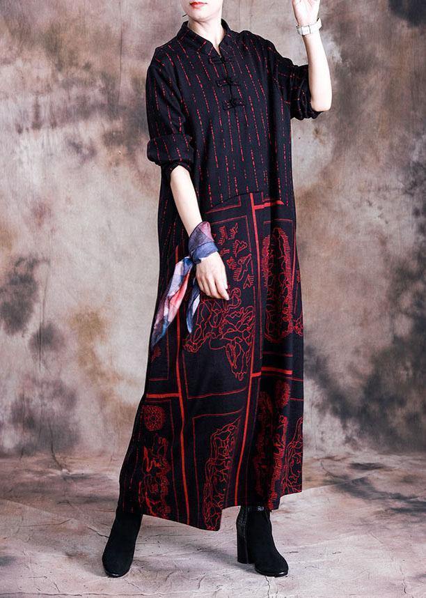 Handmade Stand Collar Wool Tunic Dress Design Red Prints Dress Fall