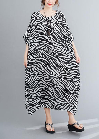 Handmade Striped Dresses O Neck Batwing Sleeve Loose Summer Dress