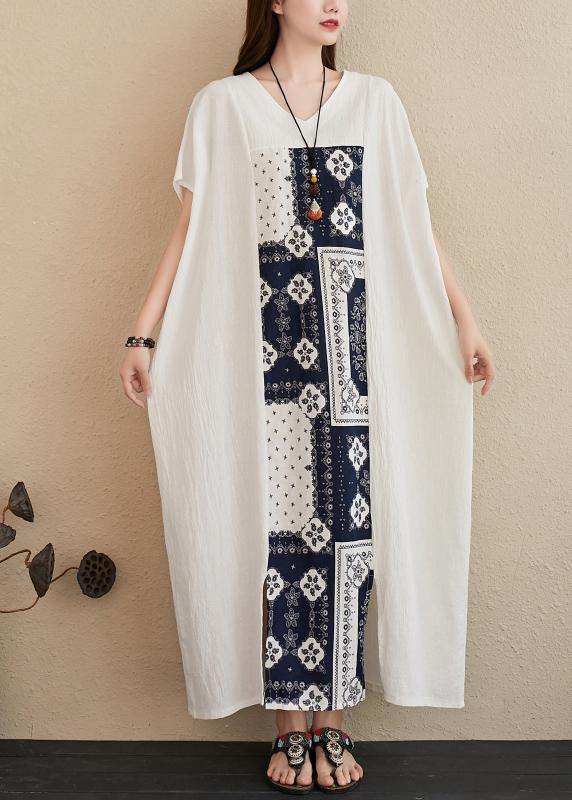 Handmade V Neck Ideas White Patchwork Print Dresses