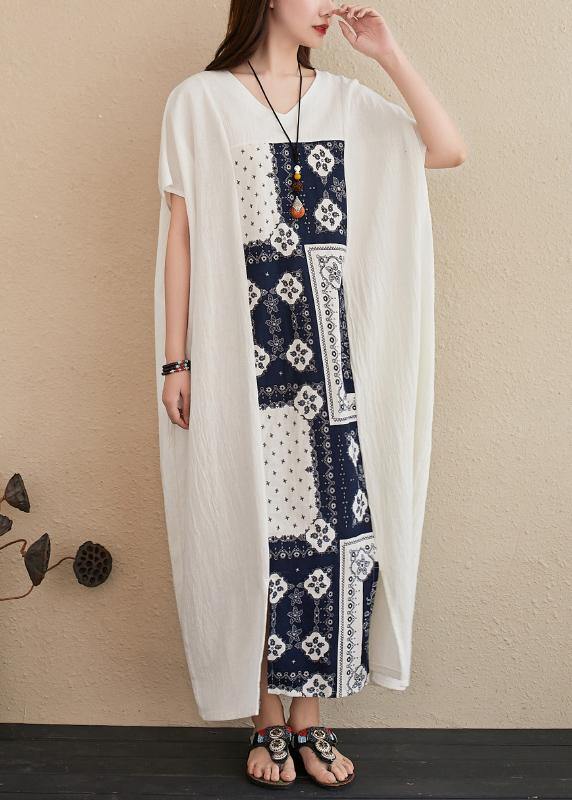 Handmade V Neck Ideas White Patchwork Print Dresses
