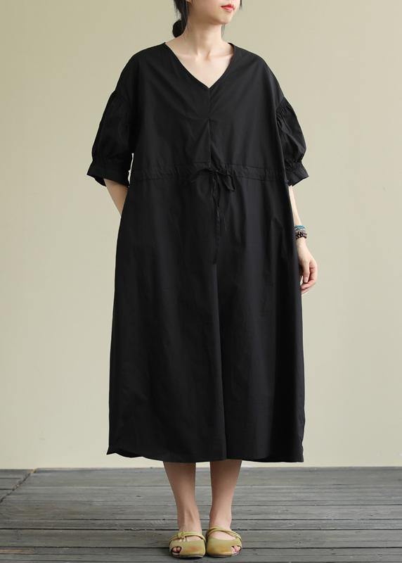 Handmade V Neck Drawstring Cotton Tunic Dress Work Black Traveling Dress