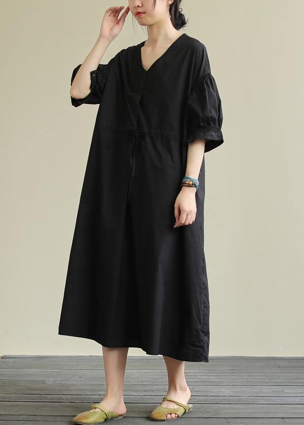 Handmade V Neck Drawstring Cotton Tunic Dress Work Black Traveling Dress