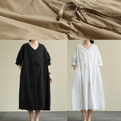 Handmade V Neck Drawstring Cotton Tunic Dress Work Black Traveling Dress