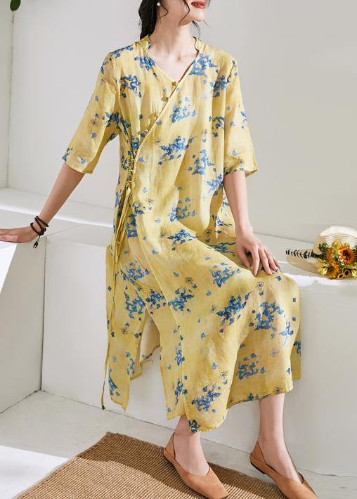 Handmade V Neck Half Sleeve Linen Summer Dresses Shirts Yellow Print Dress