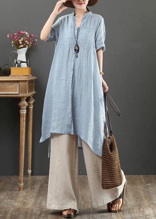 Handmade V Neck Linen Summer Shirts Gifts Light Blue Tops