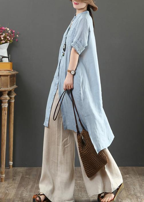 Handmade V Neck Linen Summer Shirts Gifts Light Blue Tops