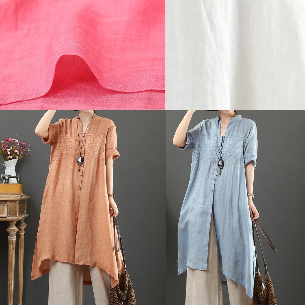 Handmade V Neck Linen Summer Shirts Gifts Light Blue Tops