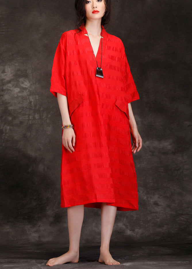 Handmade V Neck Patchwork Linen Blended Tunics Fine Shape Red Art Dresses Summer