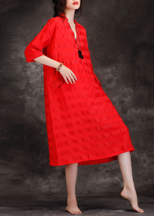 Handmade V Neck Patchwork Linen Blended Tunics Fine Shape Red Art Dresses Summer