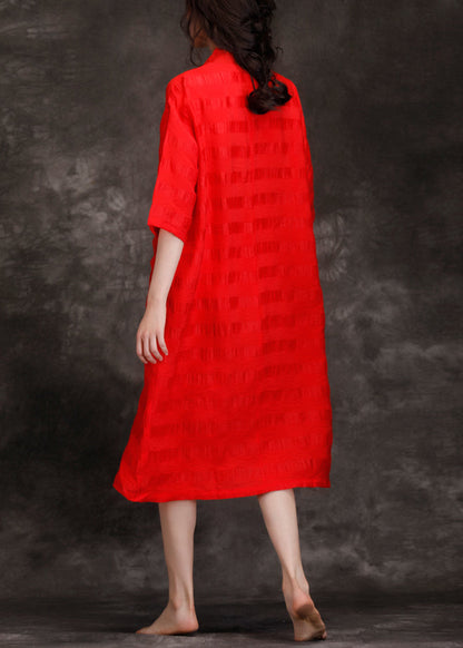 Handmade V Neck Patchwork Linen Blended Tunics Fine Shape Red Art Dresses Summer