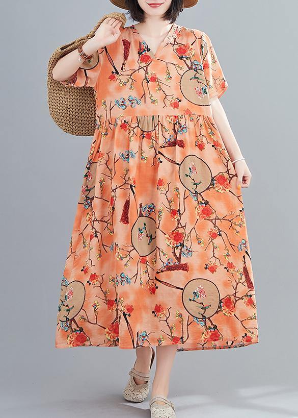 Handmade V Neck Short Sleeve Summer Orange Print Traveling Dress