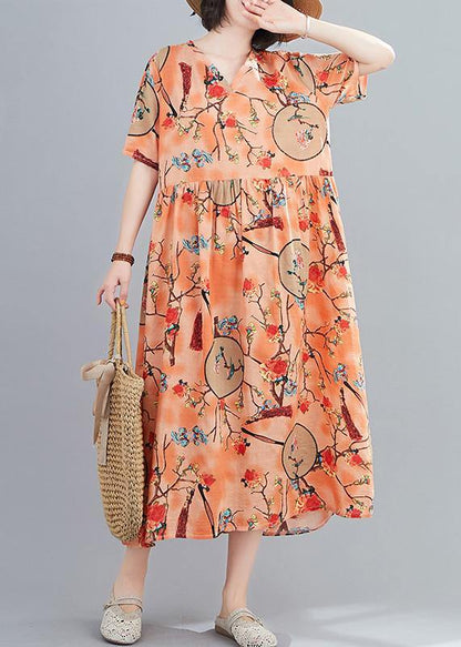 Handmade V Neck Short Sleeve Summer Orange Print Traveling Dress