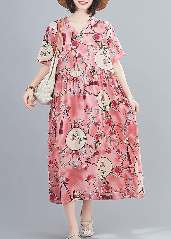 Handmade V Neck Short Sleeve Summer Orange Print Traveling Dress