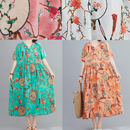 Handmade V Neck Short Sleeve Summer Orange Print Traveling Dress