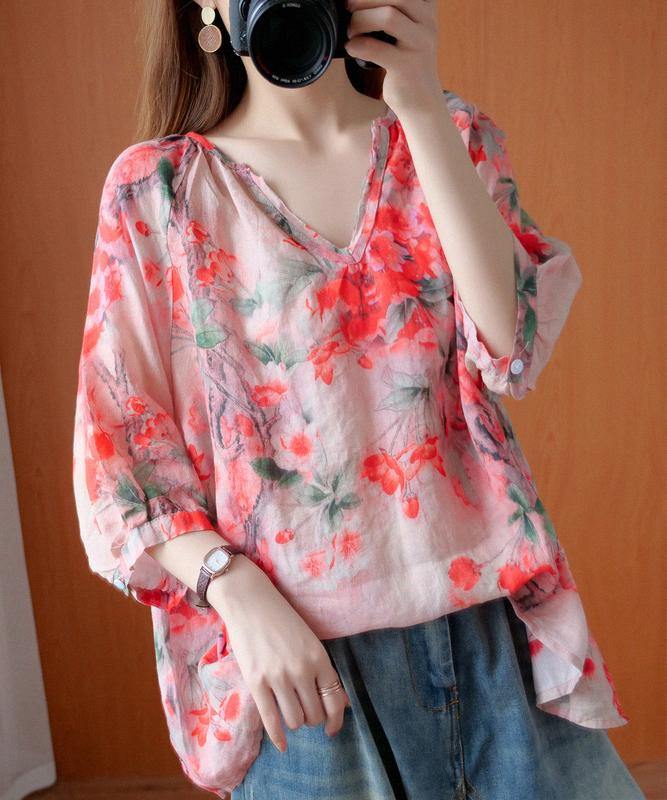 Handmade V Neck Summer Shirts Wardrobes Red Print Blouses