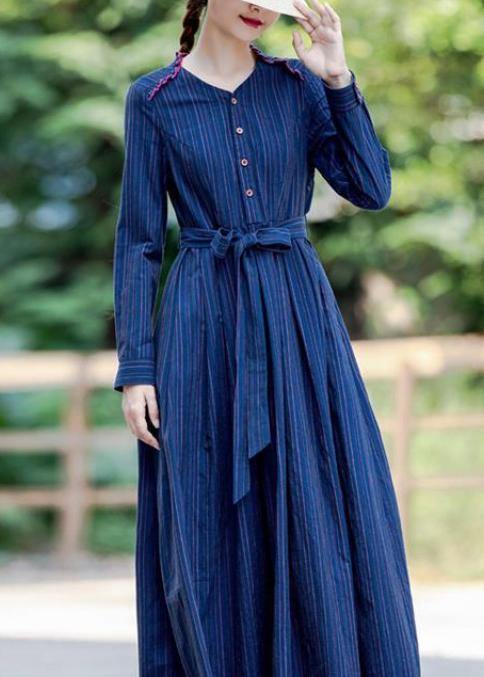 Handmade V Neck Tie Waist Spring Clothes for Linen Dark Blue Striped Dresses