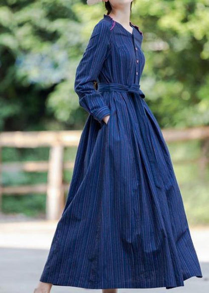 Handmade V Neck Tie Waist Spring Clothes for Linen Dark Blue Striped Dresses