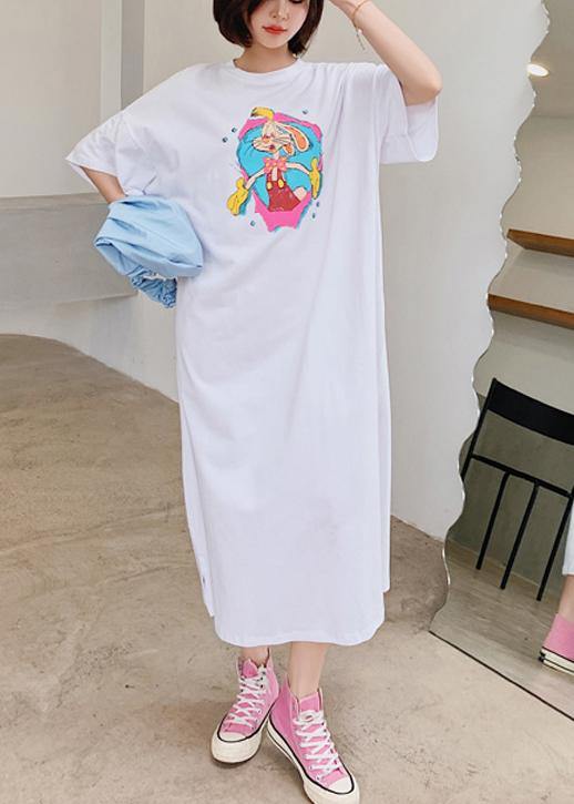 Handmade White Cartoon Anime Print Dress O Neck Robe Dresses
