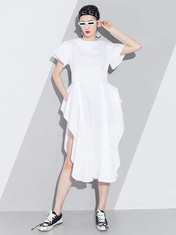 Handmade White Cotton O Neck Asymmetric a Line Summer Dresses