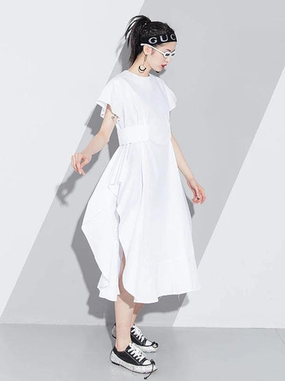 Handmade White Cotton O Neck Asymmetric a Line Summer Dresses