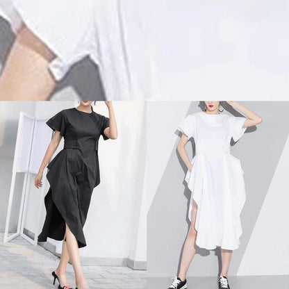 Handmade White Cotton O Neck Asymmetric a Line Summer Dresses