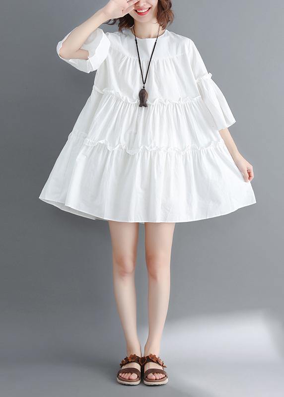 Handmade White Cotton Quilting Dresses O Neck Flare Sleeve Cinched Short Summer Dresses