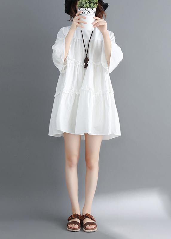 Handmade White Cotton Quilting Dresses O Neck Flare Sleeve Cinched Short Summer Dresses