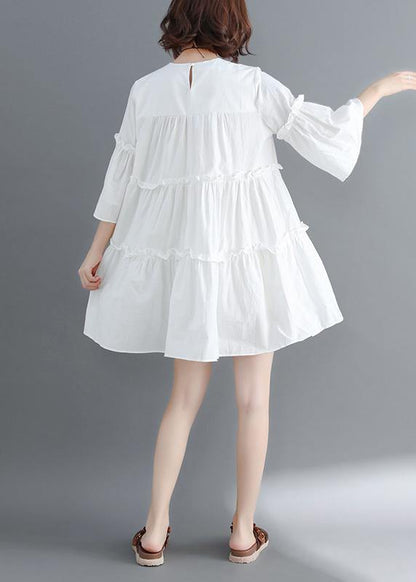 Handmade White Cotton Quilting Dresses O Neck Flare Sleeve Cinched Short Summer Dresses