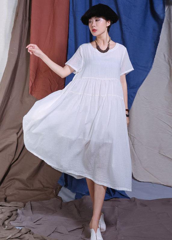 Handmade White Big Hem Cotton Linen Robes Cinched Waist Maxi Summer Dresses