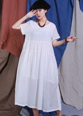 Handmade White Big Hem Cotton Linen Robes Cinched Waist Maxi Summer Dresses
