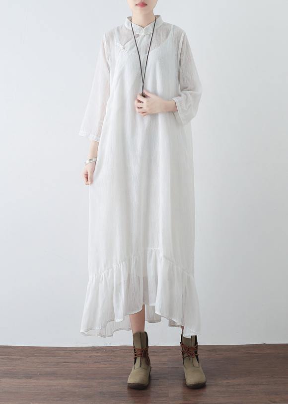 Handmade White Chiffon Dresses Fitted Tutorials Stand Collar Cinched Clothing Summer Dresses