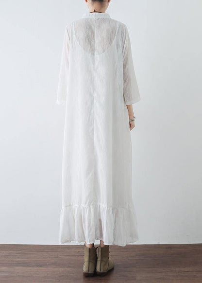 Handmade White Chiffon Dresses Fitted Tutorials Stand Collar Cinched Clothing Summer Dresses