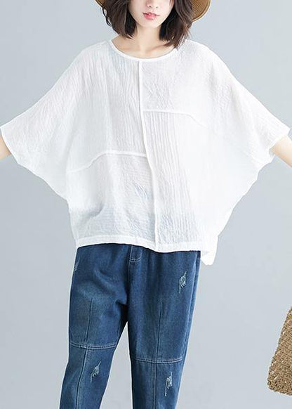 Handmade White Cotton Blended Tunic Top Wardrobes O Neck Batwing Sleeve Patchwork Baggy Summer Shirt