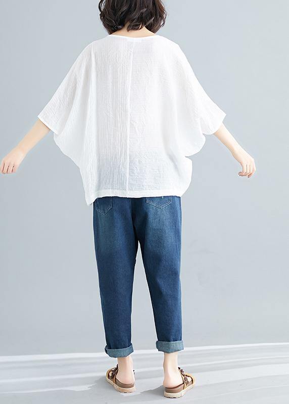 Handmade White Cotton Blended Tunic Top Wardrobes O Neck Batwing Sleeve Patchwork Baggy Summer Shirt