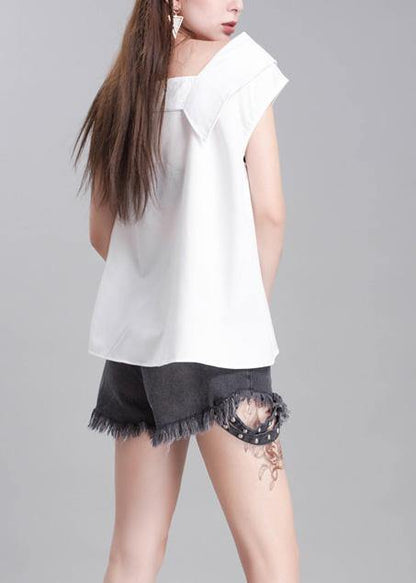 Handmade White Cotton Crane Tops Sleeveless Box Summer Shirts