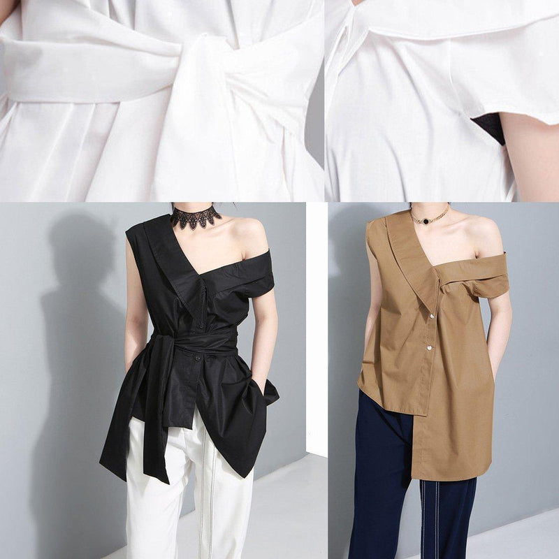 Handmade White Cotton Crane Tops Sleeveless Box Summer Shirts