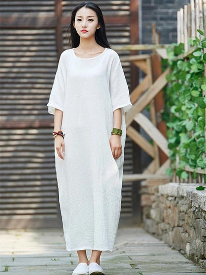 Handmade White Cotton Linen Clothes for O Neck Half Sleeve Maxi Dress