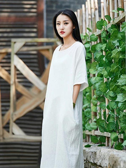 Handmade White Cotton Linen Clothes for O Neck Half Sleeve Maxi Dress