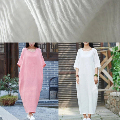 Handmade White Cotton Linen Clothes for O Neck Half Sleeve Maxi Dress